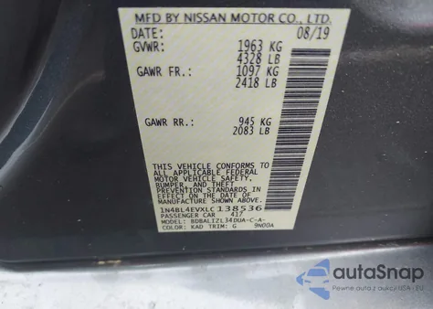 2020 Nissan Altima Sl Fwd z USA, uszkodzony, nr VIN 1N4BL4EVXLC138536